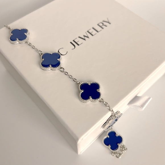 Last 3 🔥 Royal Blue Clover Bracelet Double Sided Silver Color Four Leaf - Picture 5 of 10